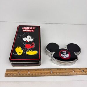 2 Vtg Small Metal Tins Disney Mickey Mouse Shaped Rectangle Collect EMPTY READ